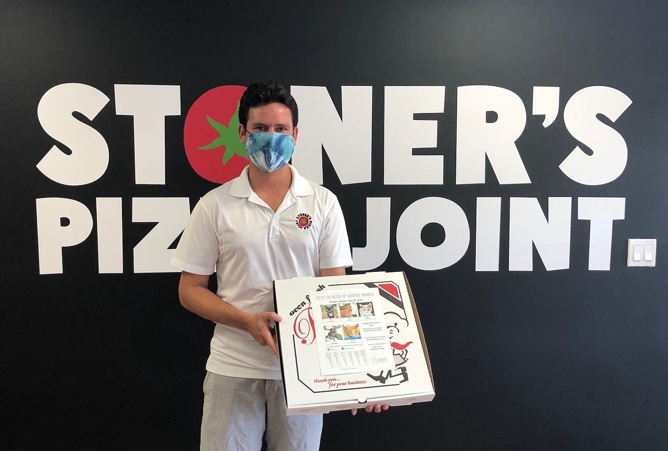 Stoner's Pizza Joint Fort Lauderdale owner John Stetson is giving away a free year's worth of pizza to anyone who adopts a pet featured on his to-go boxes.