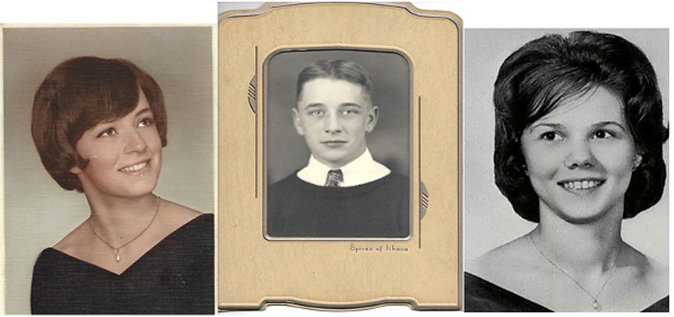 Christine Courtwright on her graduation day (left), her father's photo is in the center, and her half-sister is on the right.
