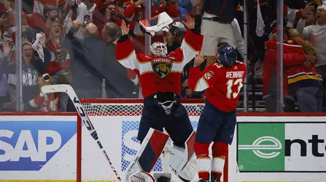 Sergei Bobrovsky #72 and Sam Reinhart #13 of the Florida Panthers celebrate after their 2-1 victory against the Edmonton Oilers in Game Seven of the 2024 Stanley Cup Final at Amerant Bank Arena on June 24, 2024 in Sunrise, Florida