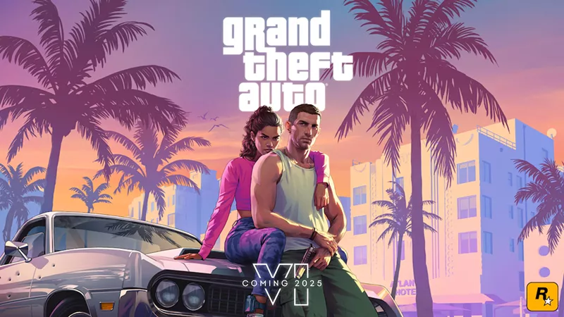 Image: Grand Theft Auto VI's two playable characters, a man and woman, sitting on the hood of a car