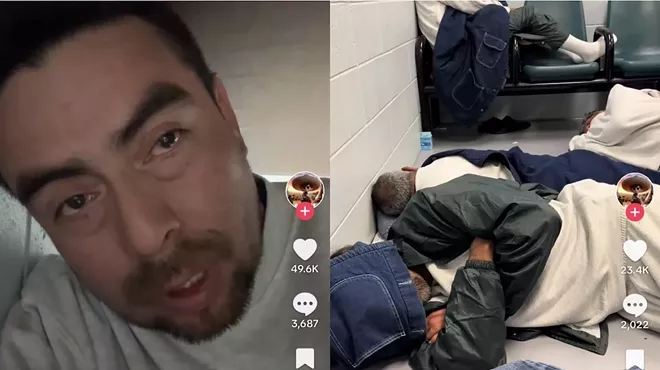 A photo collage of a a man being held at Miami's Krome North Service Processing Center who is posting TikTok videos about the conditions at the facility and a photo of detainees sleeping on the concrete floor of the detention center's waiting room.