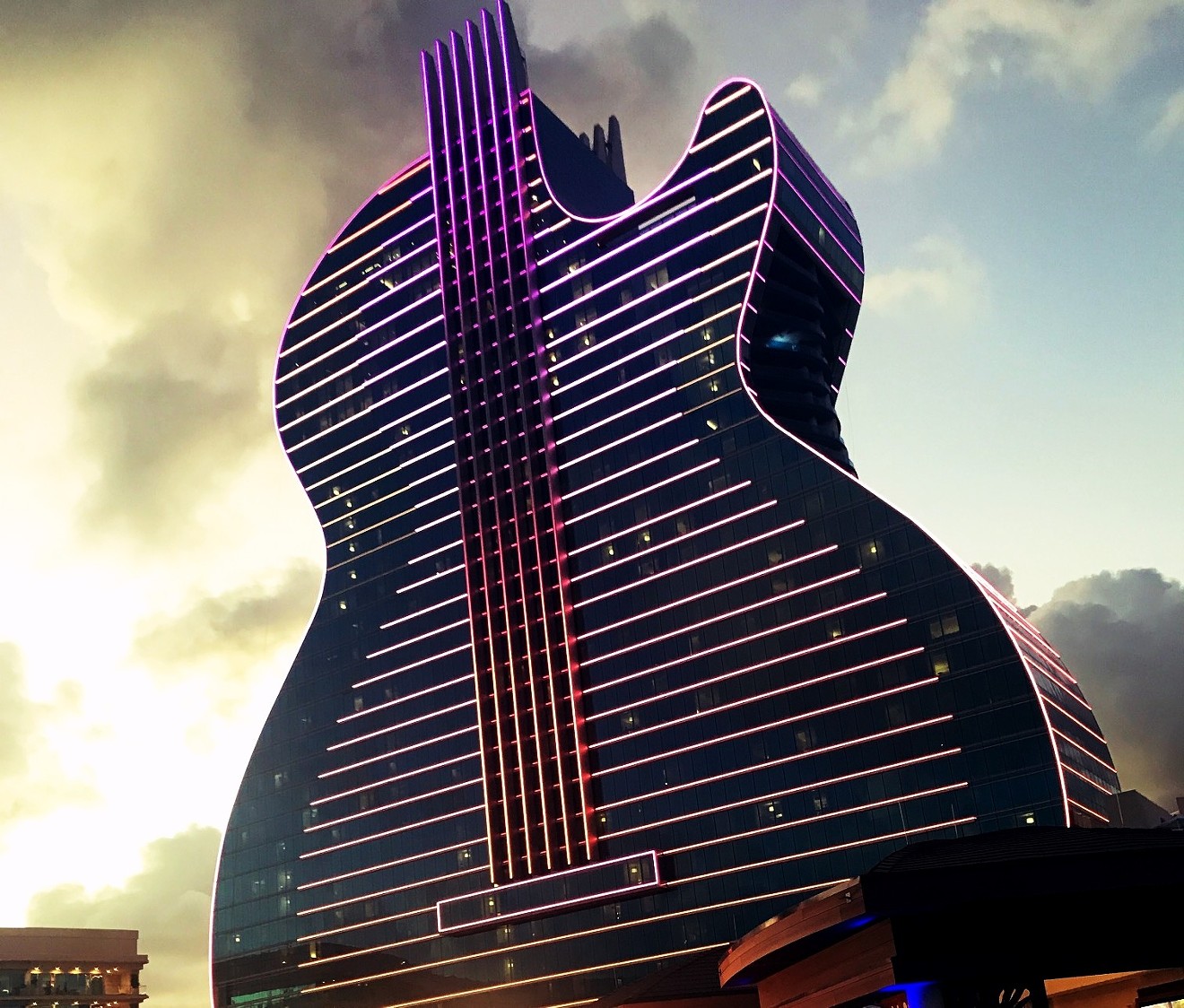 The Hard Rock Guitar Hotel at sunset. See more photos of the new Guitar Hotel here.