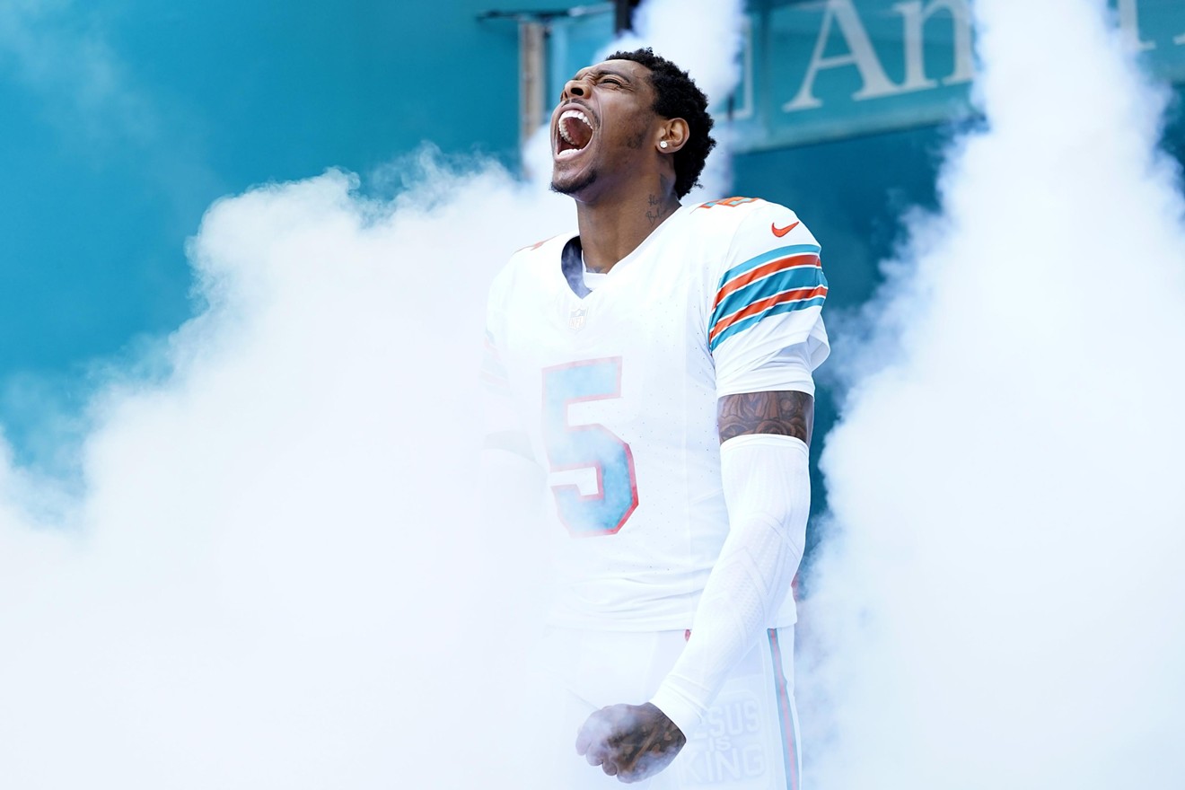 Dolphins cornerback Jalen Ramsey takes the field prior to a game against the Patriots at Hard Rock Stadium on October 29, 2023.