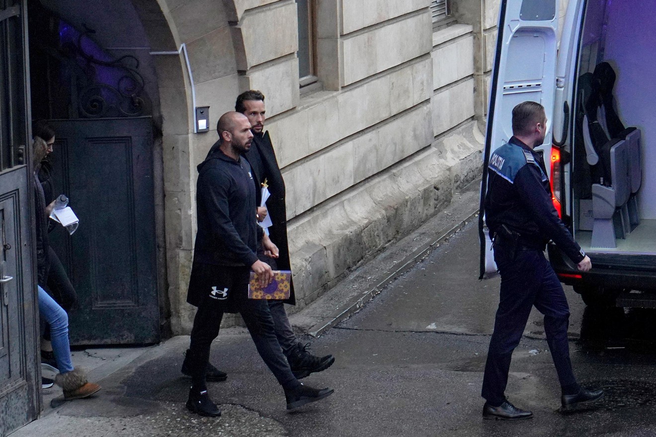Andrew Tate and Tristan Tate leave the Bucharest Court of Appeal on January 10, 2023 in Romania.