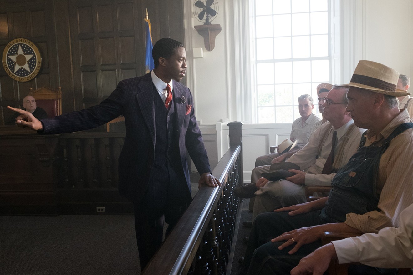 In Marshall, Chadwick Boseman plays Thurgood Marshall, the first African-American to serve on the U.S. Supreme Court, as a man who understands that it takes some theater to shake white folks into recognizing injustice.