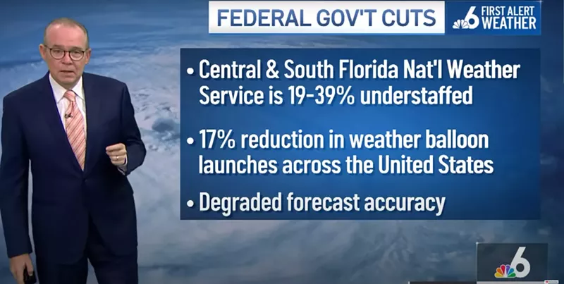 Image: John Morales stands during his newscast with a graphic about the federal government cuts to climate research