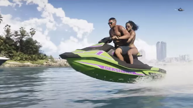 video game screenshot of a couple airborne on a jet ski