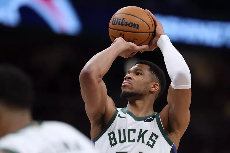 Image: Giannis Antetokounmpo #34 of the Milwaukee Bucks shoots the ball against the Washington Wizards during the first half at Capital One Arena on February 21, 2025, in Washington, DC.
