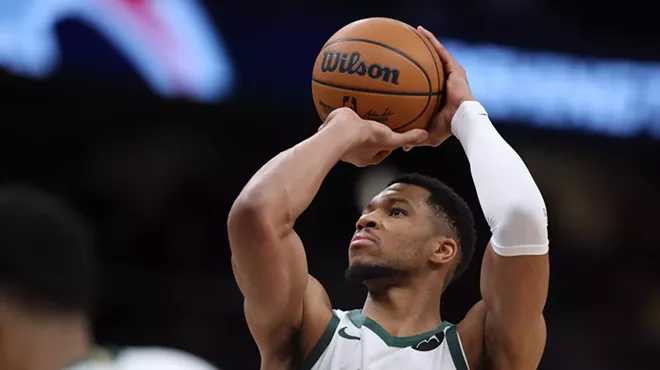 Giannis Antetokounmpo #34 of the Milwaukee Bucks shoots the ball against the Washington Wizards during the first half at Capital One Arena on February 21, 2025, in Washington, DC.