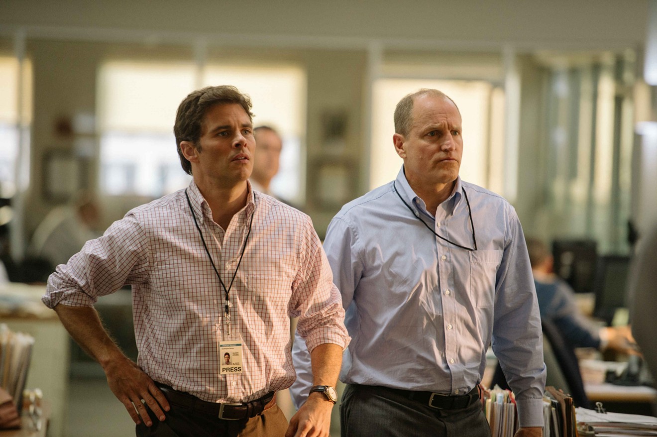 Woody Harrelson (right) plays Jonathan Landay and James Marsden is Warren Strobel in Rob Reiner's Shock and Awe, the story of two crusading Knight Ridder reporters who aim to expose lies during George W. Bush’s presidency.