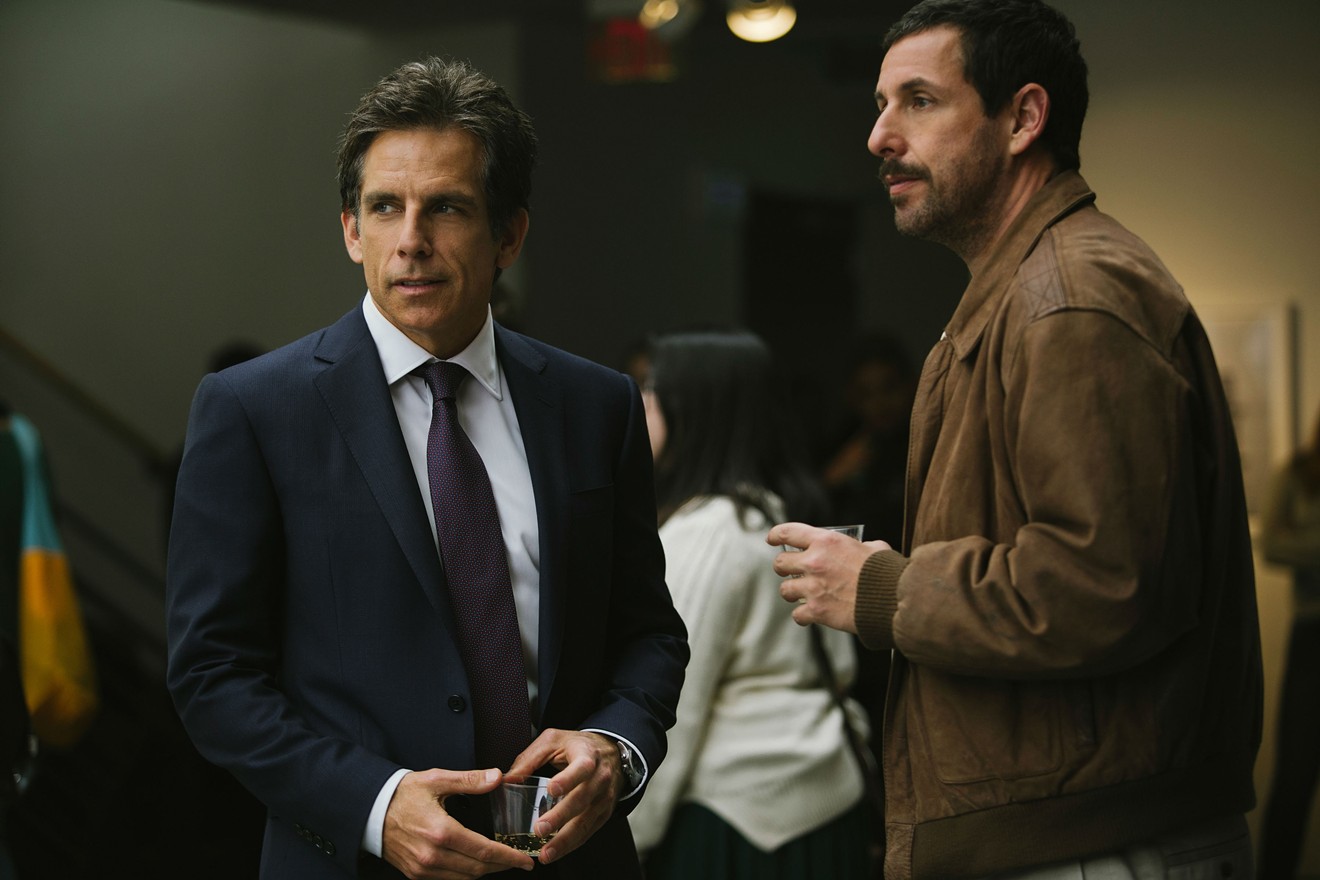 Ben Stiller (left) and Adam Sandler play two very different brothers whose relationship with their oddball father is explored in The Meyerowitz Stories (New and Selected).
