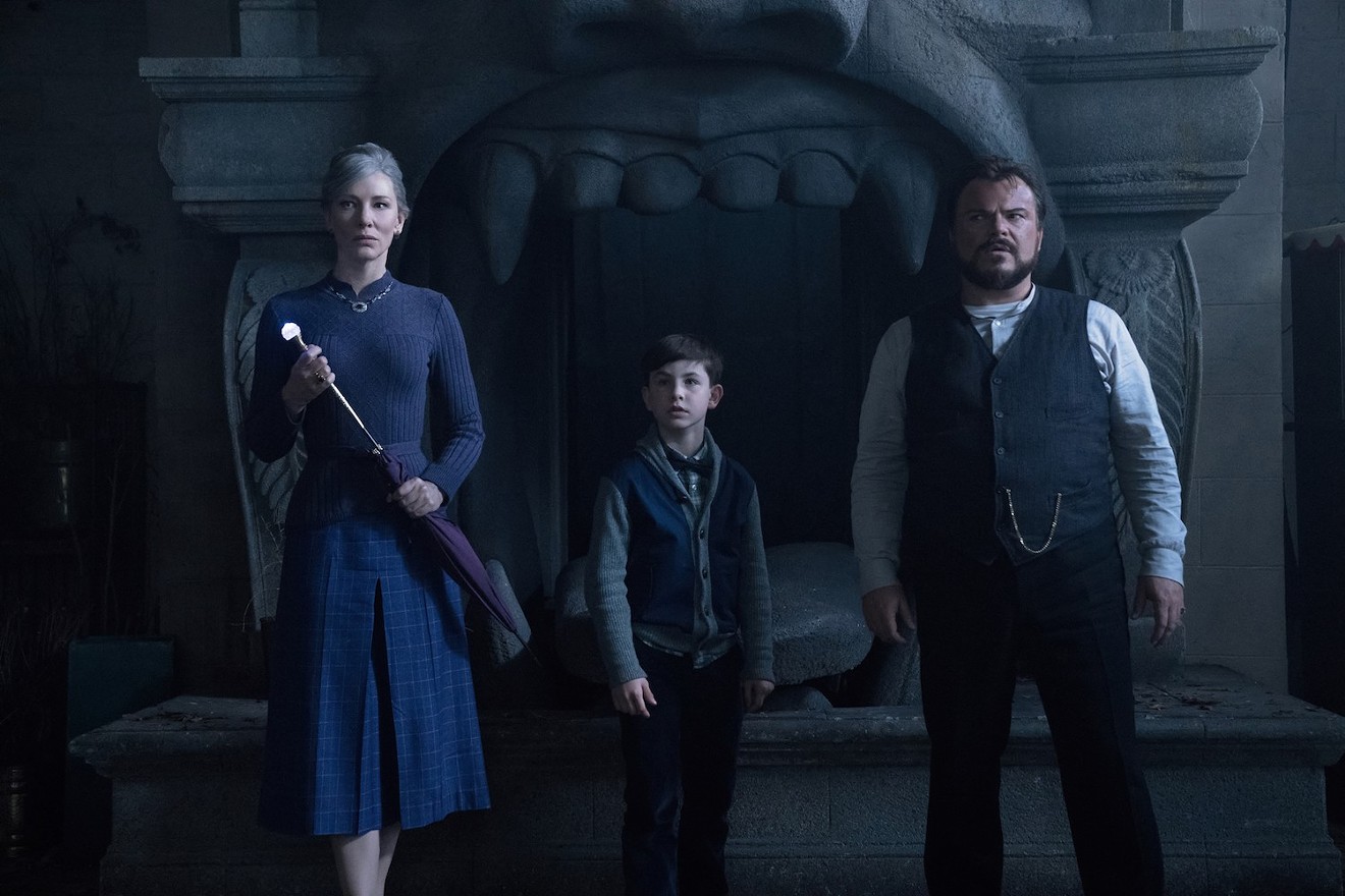 The cast of Eli Roth's The House With a Clock in Its Walls includes (from left): Cate Blanchett as a witch; Owen Vaccaro as Lewis, a recently orphaned fourth-grader; and Jack Black as  Jonathan, the child's irresponsible stage magician uncle.