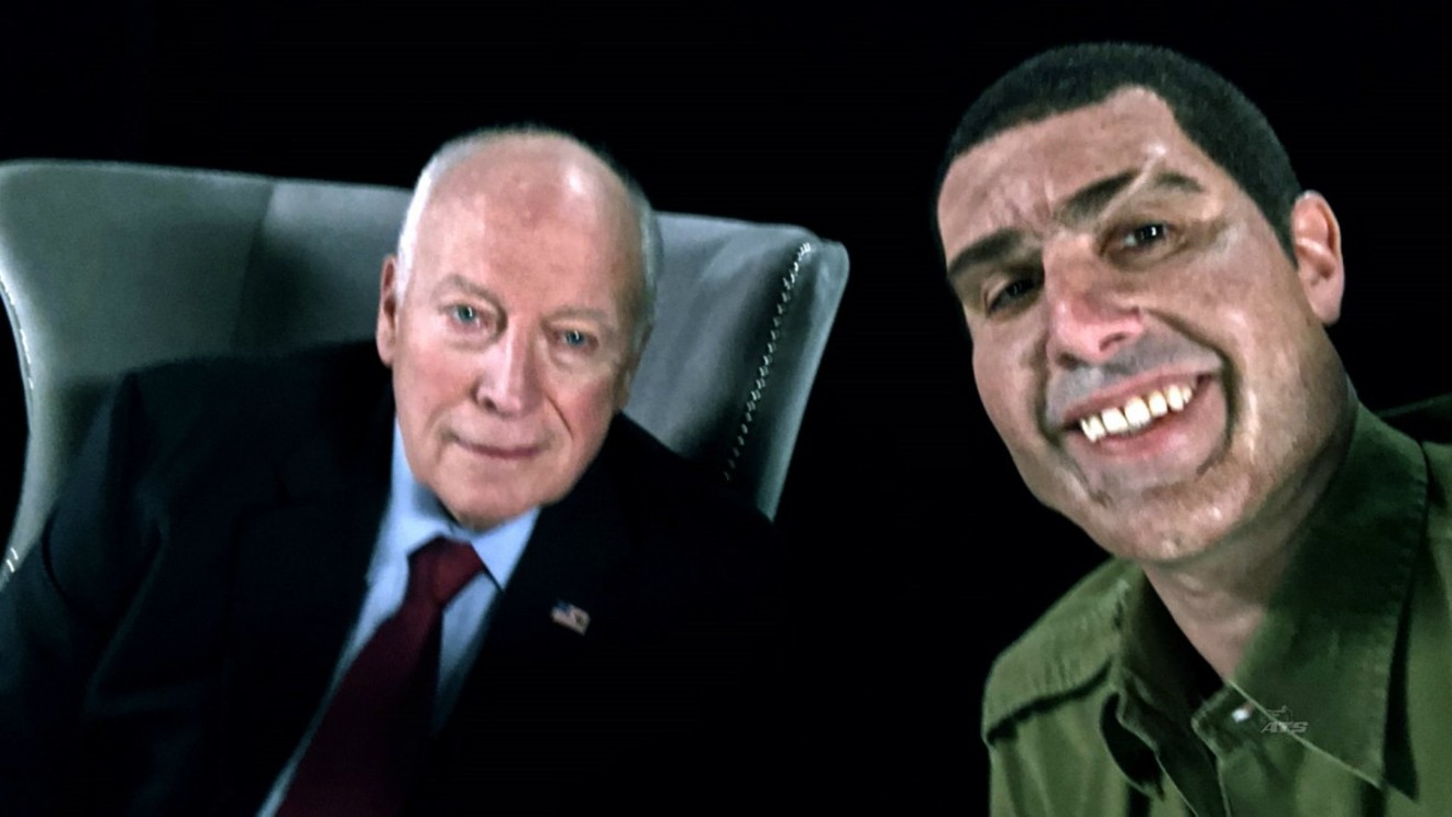 With heavy prosthetics, Sacha Baron Cohen (right) uses the guise of Israeli terrorism expert Col. Erran Morad to prank Dick Cheney and others in Who Is America?,  a Showtime series that premiered in July.