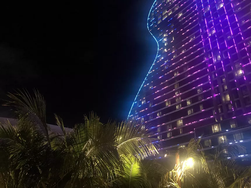 All lit up, the new Guitar Hotel at Seminole Hard Rock Hollywood shines for miles. - PHOTO BY JESSE SCOTT