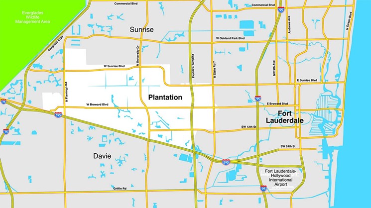 Named for an ill-fated plan to develop a vast rice plantation in the Everglades, the City of Plantation was formally incorporated in 1952. - MAP BY TOM CARLSON FOR NEW TIMES