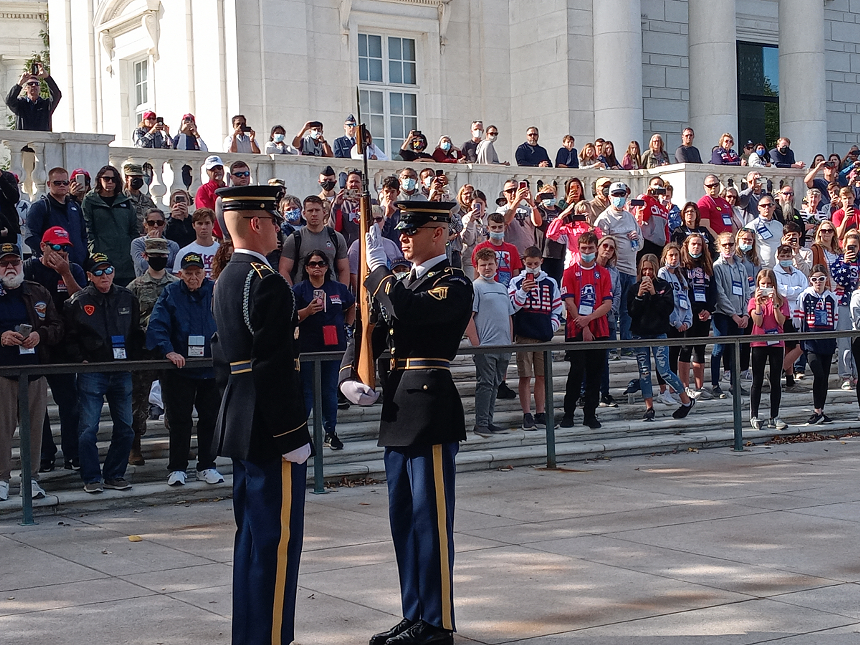 Veterans watch in reverence and familiarity the changing of the guard at the Tomb of the Unknown Soldier. - PHOTO BY JOSHUA CEBALLOS