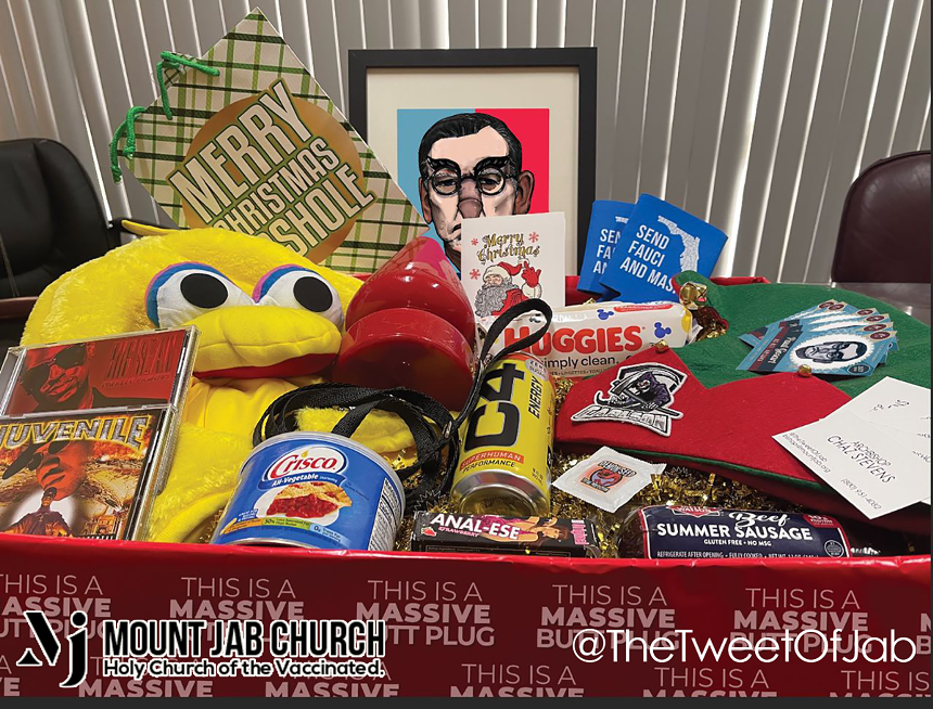 The #GotDonged package includes a humongous butt plug on a leash, vegetable shortening, condoms, and assorted knickknacks. - PHOTO COURTESY OF MOUNT JAB CHURCH