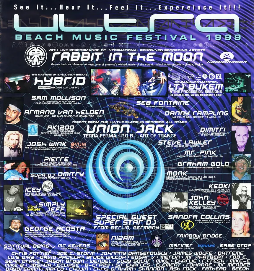 The 1999 flyer for Ultra Music Festival listing on the acts on the lineup