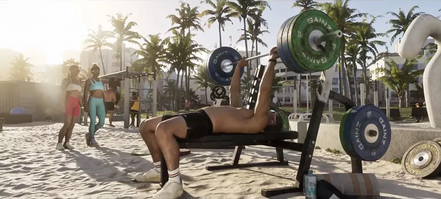 video game screenshot of a man lifting weights as two women look on