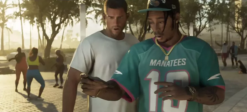 video game screenshot of two men, one of whom is sporting a jersey in the Miami Dolphins signature teal, with MANATEES across the front